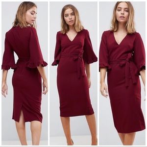 ASOS PETITE Red Kimono Frill Sleeve Midi Dress